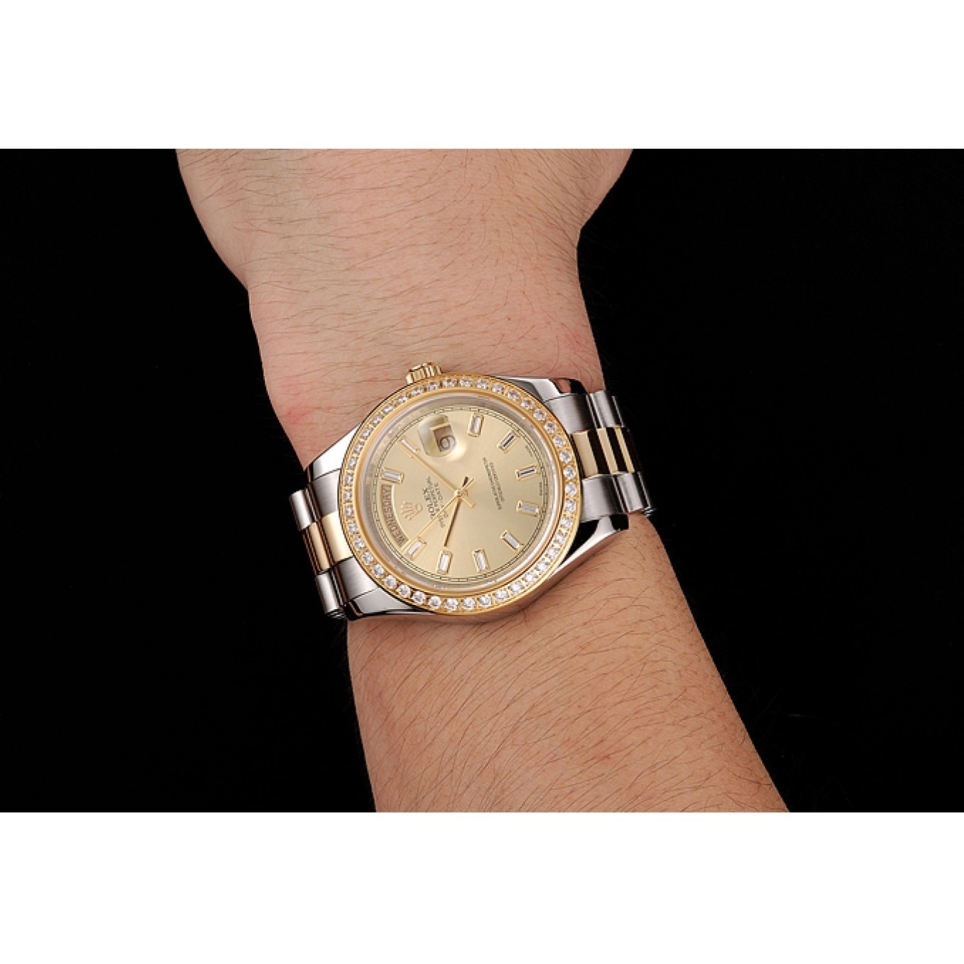 Good Copy Rolex Watches 1454103 Day-Date Two Bezel Swiss Diamond Rolex Dial Champagne Tone Bracelet 0823